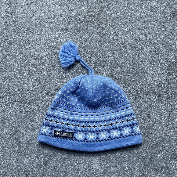 Columbia Hat Beanie Knit Tassel One Size Blue Fair Isle Wool Lined Winter - Picture 1 of 5